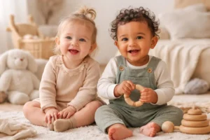 Baby boy and girl wearing comfortable clothes in a pastel nursery